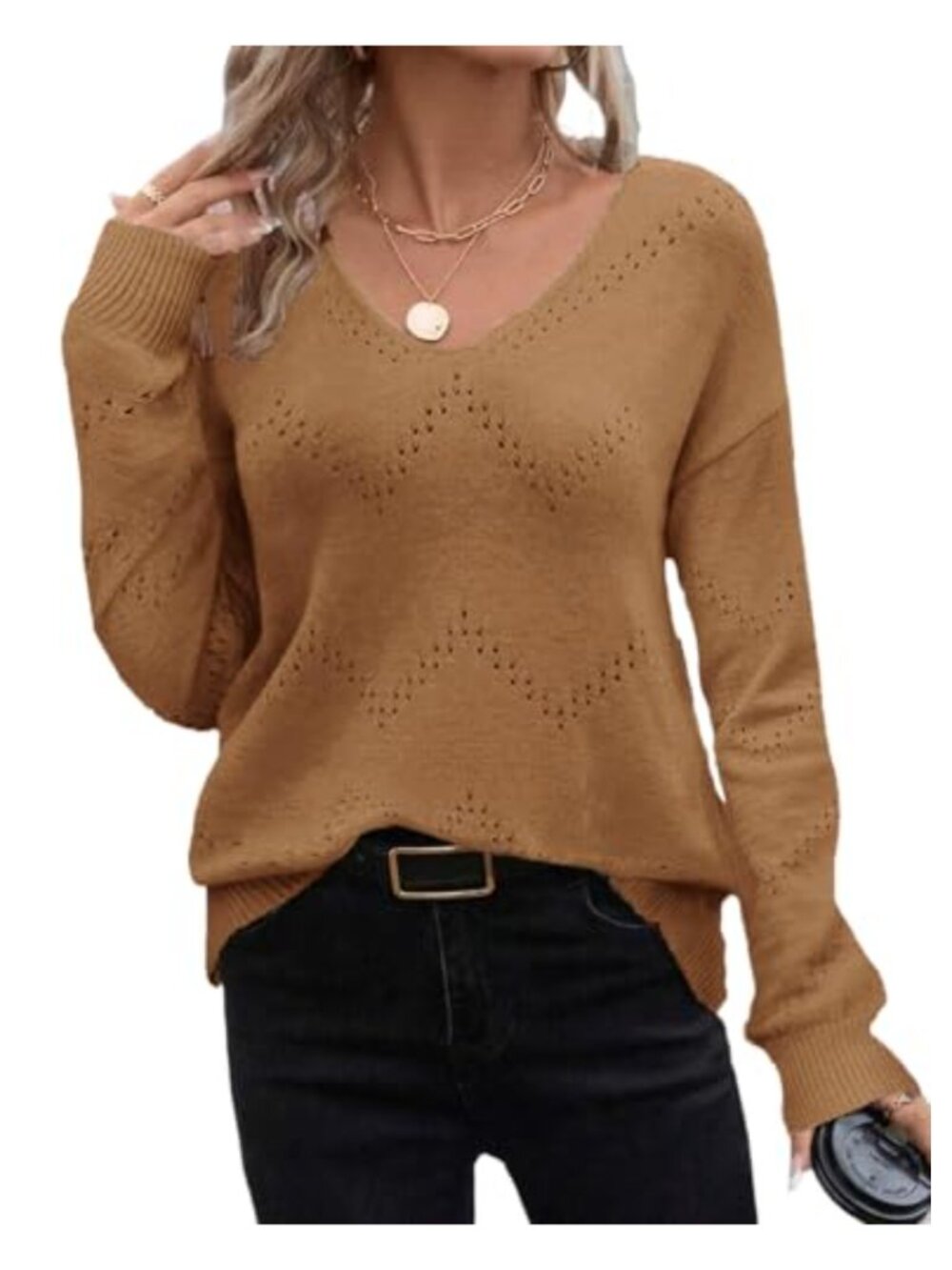 Women's Off Shoulder Crochet V Neck Knit Pullover Sweater Long Sleeve Top
